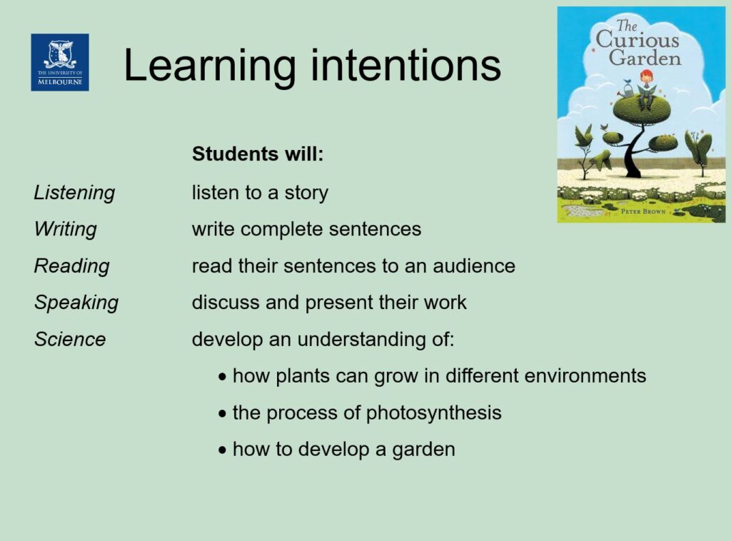 Lesson plan linked to a story book, with learning intentions relating to English skills - listening, speaking, writing, reading - and science